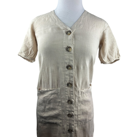 NWT Lou & Grey 100% Linen Dress Midi Maxi SS Tan Beige Button Front Size XXS - Picture 3 of 11